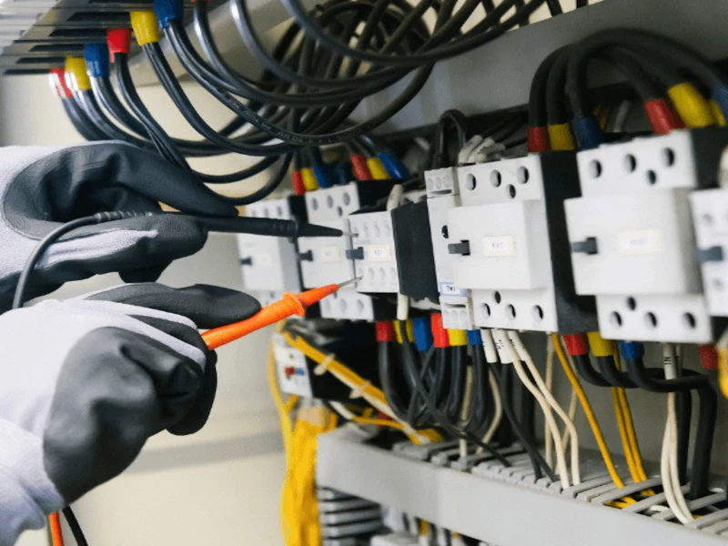 Elektriker prüft Klemmen in einer Schalttafel mit einem Messgerät
