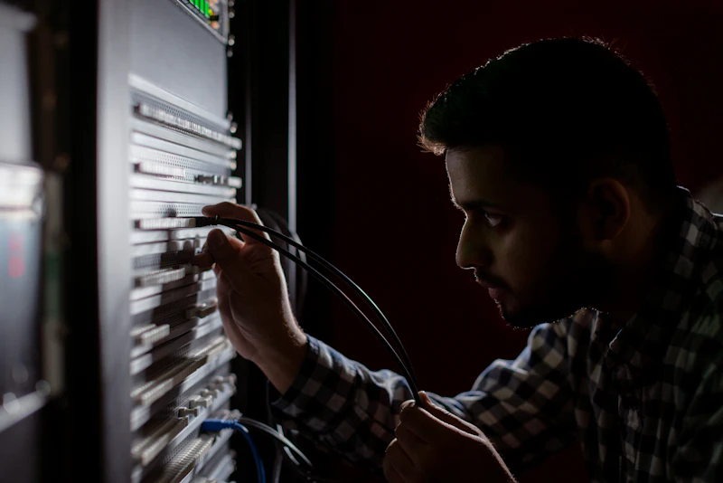 Techniker verkabelt ein Netzwerk-Rack