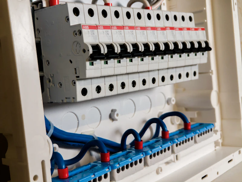 Geöffnete Elektroverteilung mit Leitungsschutzschaltern und Verdrahtung